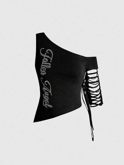 ROMWE Avant قميص نسائي أسيمتري الكتف مطبوع عليه نص إنجليزي من طراز Y2K، قطعة مرنة وعملية بتصميم أسيمتري وفتحات في الكتف