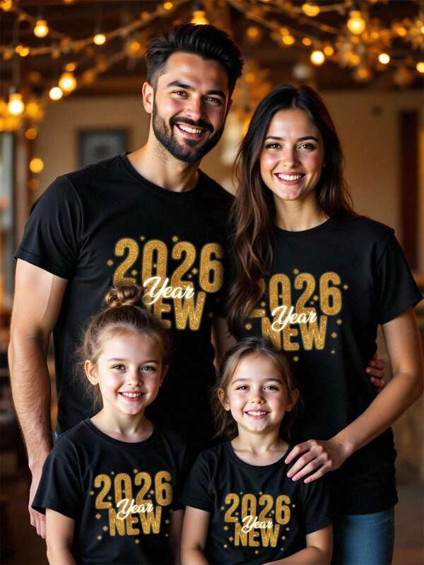 Manfinity Homme Camiseta negra de manga corta y ajuste slim para hombres, camiseta del Año Nuevo 2026, adecuada para reuniones familiares