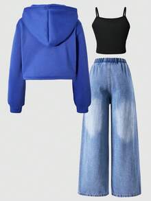 SHEIN ChillGRL 3件套：Tween City 名字印花短款连帽衫、简约肩带吊带背心和破洞阔腿牛仔裤 - 藍色 - 查看 3