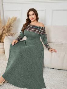 Lacomfia Plus Size Women Oblique Shoulder Long Sleeve Colorful Striped Patchwork Ruched Waist A-Line Dress