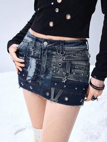 ROMWE EDITION Punk Metal Grommet Design Low Waist Mini Denim Skirt