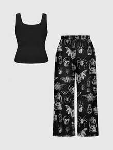 ROMWE Goth Conjunto de pijama de top sin mangas y pantalones con estampado de insectos y veneno de talla grande, ropa de estar en casa informal - Negro - Ver 2
