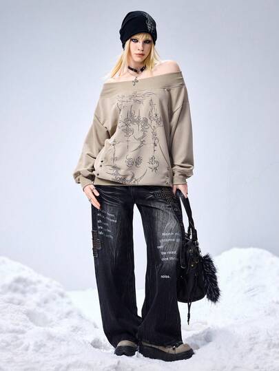 Grunge Punk Asymmetric-Shoulder Y2K Pullover Sweatshirt With Thorn Cross Print And Rivet Decor, Long Sleeve