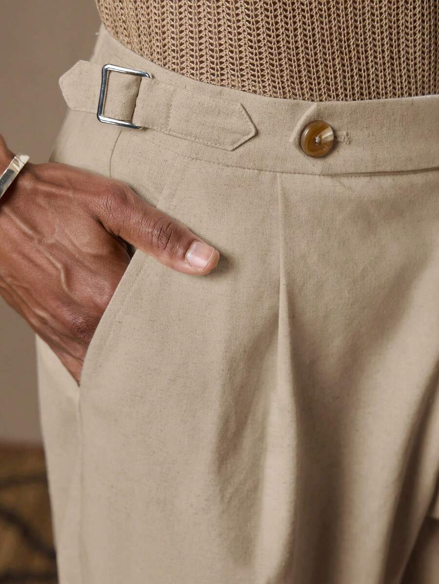 AKNOTIC X Nawaf Alabid 男士亚麻梭织休闲松紧腰直筒裤，适合夏季、度假、日常穿着、派对、情侣装、男士礼物 - 卡其色 - 查看 1