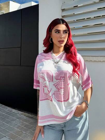 Bearsaez Women's Spring And Summer Y2K Streetwear Vintage Breathable Mesh Graphics Number Pattern Football Jersey T-Shirt