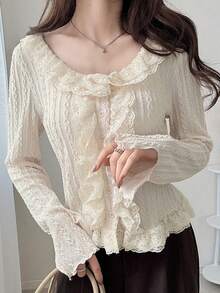 FRIFUL 女士撞色蕾丝荷叶边长袖纽扣前开襟时尚T恤 - 米色 - 查看 7