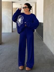 SHEIN Cottnline 女士纯色碎花圆领落肩套头衫和毛衣裤套装 - 彩色 - 查看 2