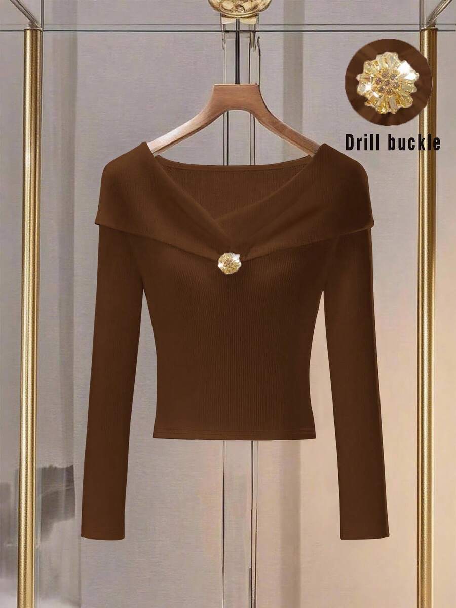 Franclia Áo hai dây dệt kim cổ chữ V kiểu Pháp thanh lịch dành cho nữ, tay dài, đa năng, thời trang thu/đông - Cà phê nâu - Xem 1