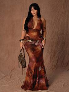 Rustia 2pcs/Set Fashionable Autumn Spaghetti Strap Sexy Sleeveless Top And Bodycon Mermaid Midi Skirt Set - Multicolor - View 2