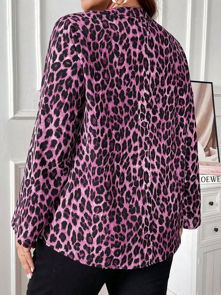 Plus Size Leopard Print Half-Zip Casual Pullover Shirt Valentine's Day Elegant Dress Women/Summer/Spring/Vacation