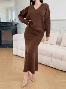 DAZY 两件套女士美人鱼裙摆半身裙套装，宽松针织衫和半身裙，秋冬季休闲优雅穿搭 - 棕色 - 查看 3