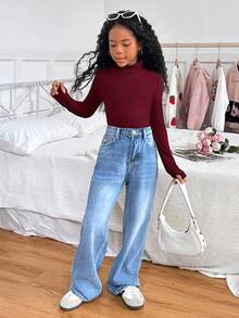 SHEIN Top de punto de cuello redondo de manga larga ajustada de unicolor informal para niñas preadolescentes - Burdeos - Ver 3