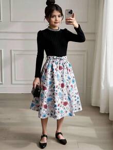 Sparklyn Tween-Mädchen Lässiges Kleid mit floralem Patchwork-Muster und Kunstperlenverzierung, Herbst - Verschiedenfarbig - Übersicht 3