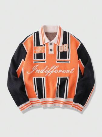 Prep Men's Letter Jacquard Contrast Color Polo Neck Long Sleeve Casual Sweater, Autumn/Winter