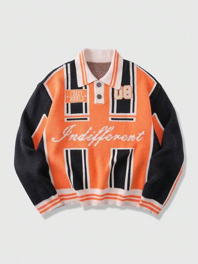 Prep Suéter casual de cuello polo con contraste de color y estampado de letras para hombres, otoño/invierno