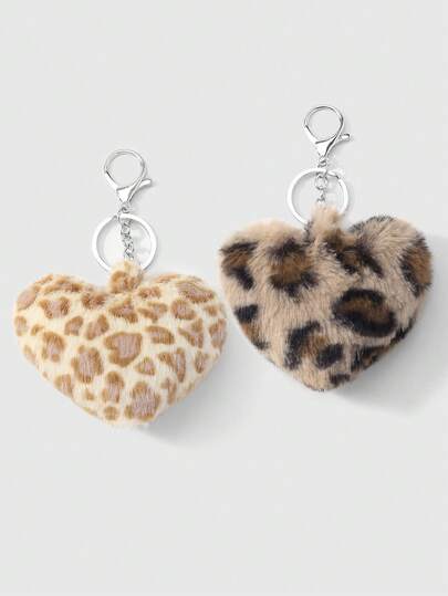 Kawaii 2 pezzi/set Portachiavi elegante in finta pelliccia a forma di leopardo e cuore, accessori alla moda adatti per coppie, sorelle per uso quotidiano, regalo per le vacanze