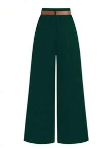 SHEIN PETITE Petite Women Commuter Simple Versatile Fold-Up Pants - Dark Green - View 2