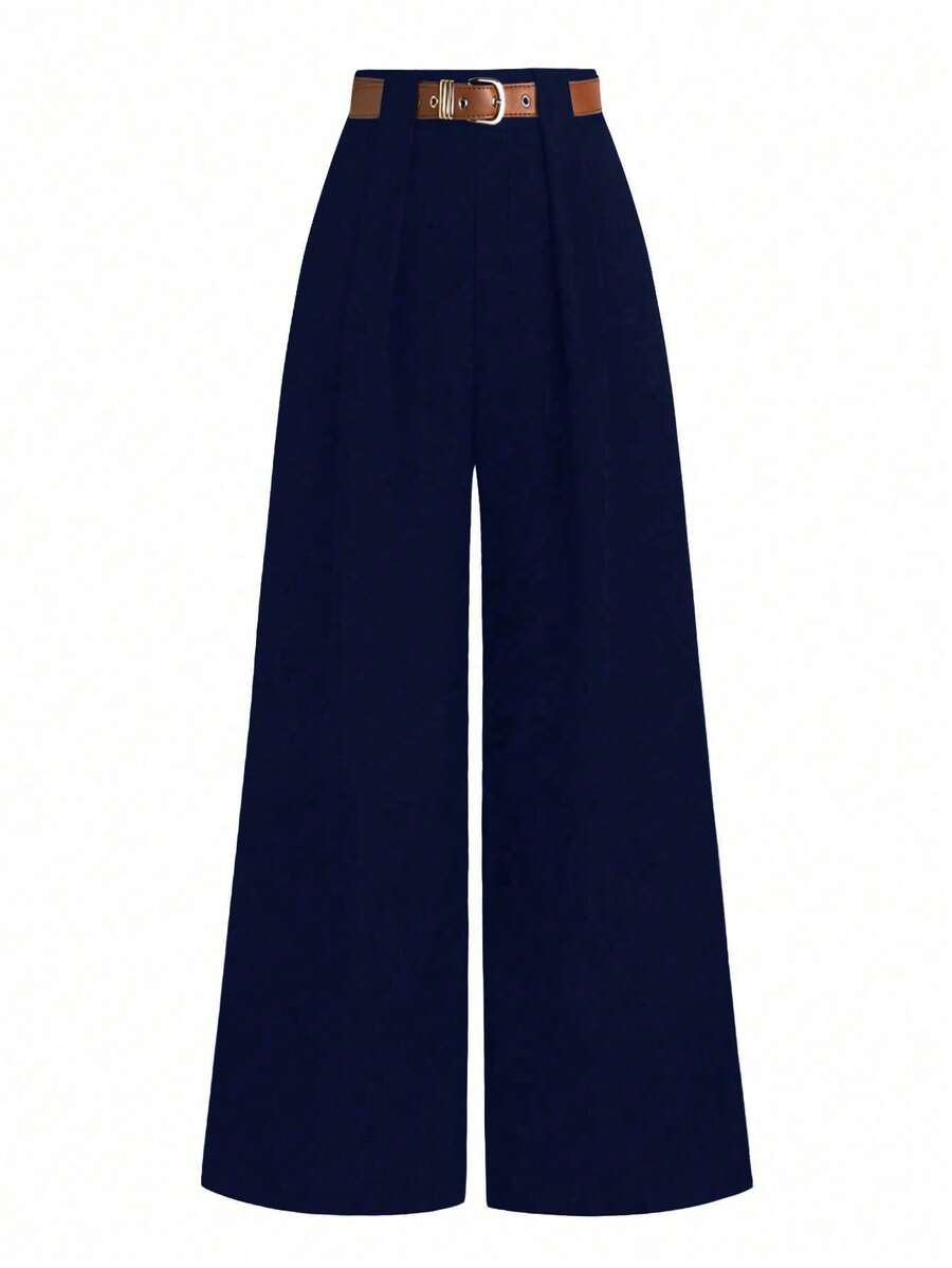SHEIN PETITE Petite Women Commuter Simple Versatile Fold-Up Pants - Navy Blue - View 1