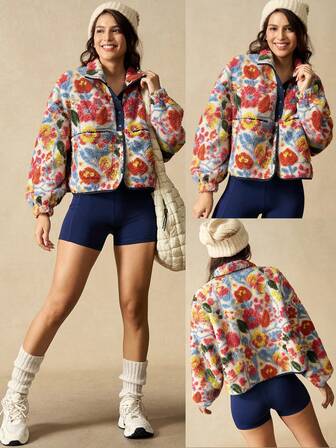 VARSITIE 女式花卉印花长袖单排扣宽松运动夹克