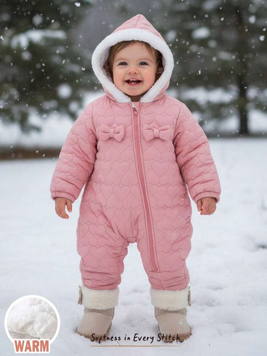 Cozy Pixies Bộ đồ liền thân dài tay có mũ lót giữ nhiệt cho bé gái, thoải mái và đa năng, thích hợp cho mùa đông, màu hồng Bộ đồ liền thân dài tay có mũ lót giữ nhiệt cho bé gái có mũ lót giữ nhiệt có mũ trang trí nơ, thoải mái và thích hợp cho mùa đông, màu hồng - Hồng - Xem 1