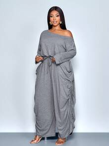 SOLERSUN Bộ jumpsuit nữ cỡ lớn màu trơn mới, cổ áo bất đối xứng, tay dài, ống rộng, kiểu dáng thời trang và đa năng với túi lớn, phù hợp cho các bữa tiệc, buổi hòa nhạc, phong cách mới năm 2026, thời trang đường phố, trang phục hàng ngày. - Xám - Xem 6