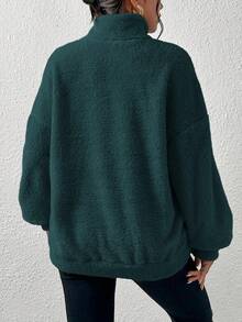 SHEIN EZwear Áo nỉ cổ đứng màu xanh ô liu cỡ lớn, có khóa kéo nửa, thu/đông - Màu xanh lá cây đậm - Xem 2