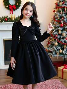 A Single-Piece Black Velvet Dress For Pre-Teen Girls Aged 8-10, Featuring A Retro Style With A Large Bow Detail, Puff Long Sleeves, And A Full Skirt. It Has A Retro And Elegant Style With Luxurious Texture, Suitable For Christmas Outfits, And Is An Exquisite And Elegant Children's Formal Dress For Autumn And Winter. - Black - View 4