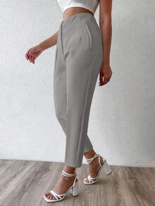 EURMUSE Solid Color Fold-over Pleated Tapered Pants - Grey - View 3
