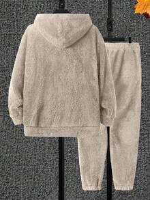 SHEIN Cottnline 2pcs Men's Applique Fleece Hooded Sweatshirt And Sweatpants Set - Beige - View 2