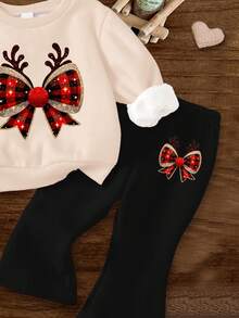 Baby Girl Christmas Beige,Autumn,Cute,Birthday Series Glitter Reindeer&Bow Print Long Sleeve Sweatshirt&Flared Winter Pants Set,Soft Warm Outfit - Multicolor - View 6