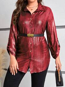 SHEIN Clasi Chemise mode ample à manches retroussées et boutonnage simple, texture simili-crocodile, tailles grandes pour femmes - Rouge - Voir 6