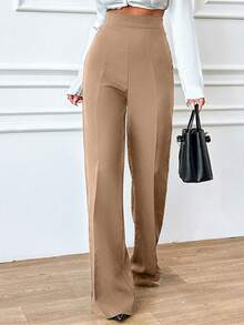 EURMUSE 大码女式休闲纯色高腰直筒裤 - 米色 - 查看 1