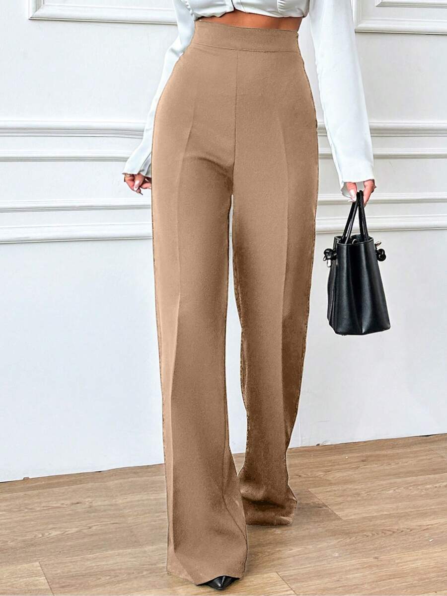 EURMUSE 大码女式休闲纯色高腰直筒裤 - 米色 - 查看 1