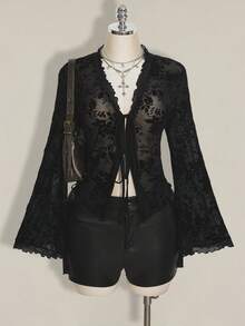 SHEIN ICON 大码 Y2K 风格前系蝴蝶结针织喇叭袖荷叶边下摆毛衣 - 黑色 - 查看 1