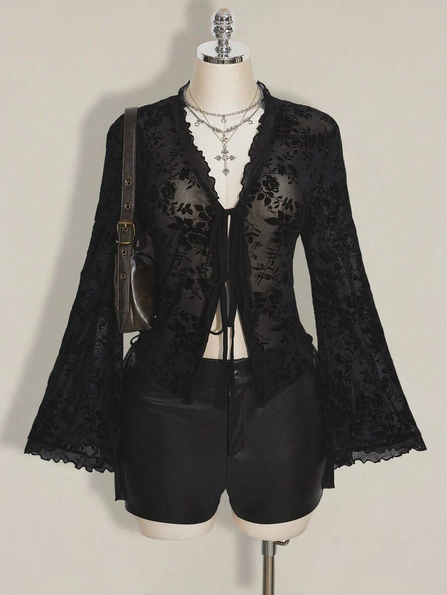 SHEIN ICON 大码 Y2K 风格前系蝴蝶结针织喇叭袖荷叶边下摆毛衣 - 黑色 - 查看 1