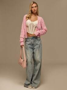 Glamine Áo khoác cardigan dệt kim xoắn tay dài cài một hàng khuy đơn giản dành cho nữ, Thu/Đông - Hồng - Xem 1