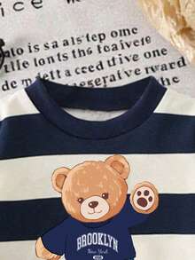 SHEIN Playful Pals 2pcs/Set Baby Boy Casual Fashionable Outfit, Includes Striped Bear Graphic Sweatshirt And Matching Sweatpants, Comfortable And Suitable For Autumn/Winter/Spring