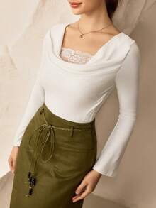 Modelyn Blusa de manga larga ajustada con parches de encaje - Blanco - Ver 4
