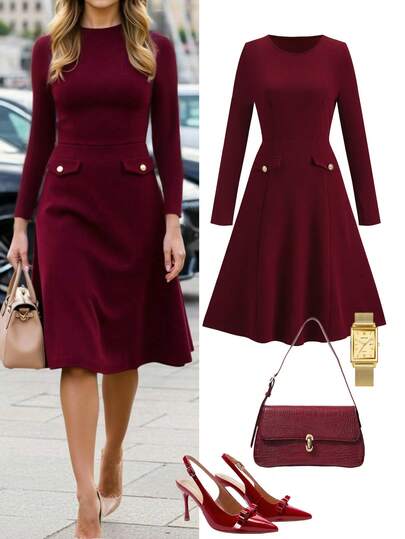 Ellevyn 优雅的勃艮第长袖连衣裙，适合日常通勤