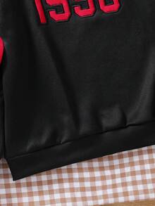 Sudadera tipo polo de estilo callejero casual con bordado de la letra "1990" en texto rojo retro para niñas preadolescentes - Negro - Ver 6