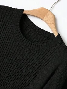 Rusticease Women's Solid Color Round Neck Drop Shoulder Long Sleeve Side Slit Sweater And Wide Leg Pants Casual 2-Piece Set, Autumn/Winter - Black - View 3
