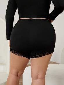 SHEIN CURVE+ Leggings cortos de encaje negro con cintura elástica para mujer de talla grande/2026/Año Nuevo - Negro - Ver 7