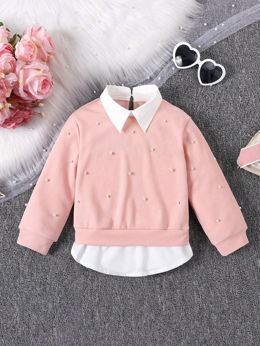 SHEIN Elladie kids Girls Faux Two-Piece Sweatshirt With Collar, Loose Fit - Pink - View 1