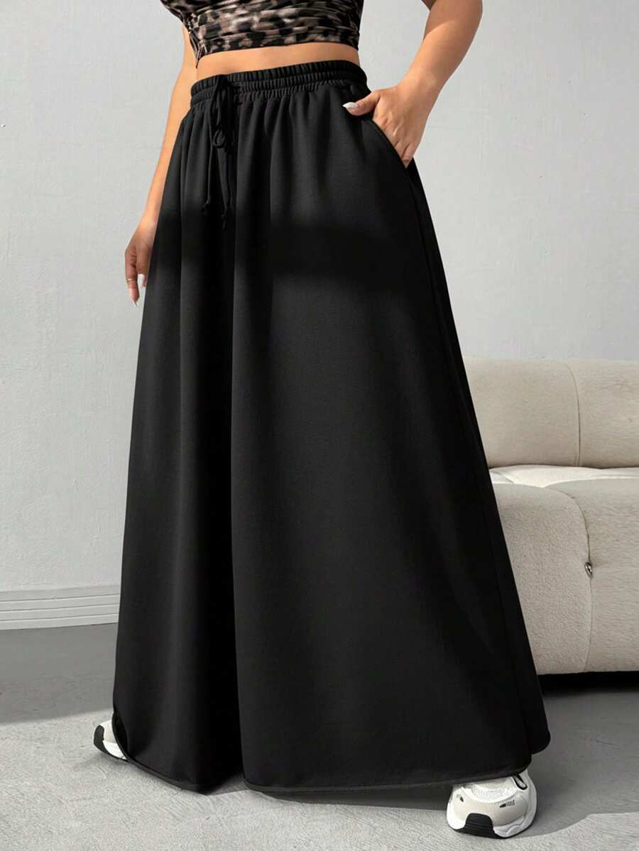 SHEIN EZwear 大码时尚通勤纯色宽松阔腿裤 - 黑色 - 查看 1