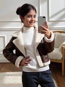 SHEIN Tween Girl Casual Street Chic Motorcycle Collar Metal Zipper Closure PU Lined Fleece Composite Fleece Short Long Sleeve Lapel Patchwork Faux Fur Jacket Coat, In Fall/Winter Girl Sweater Jacket Brown Jacket Teen Girls Teen Girl Zip Up Sweater Tween Crop Jacket Tween Plush Jacket - Brown - View 8