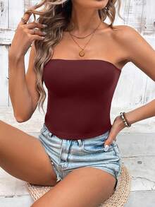 Sylviya 女士纯色抹胸露脐上衣，休闲百搭，适合春夏度假穿着 - 酒紅色 - 查看 8