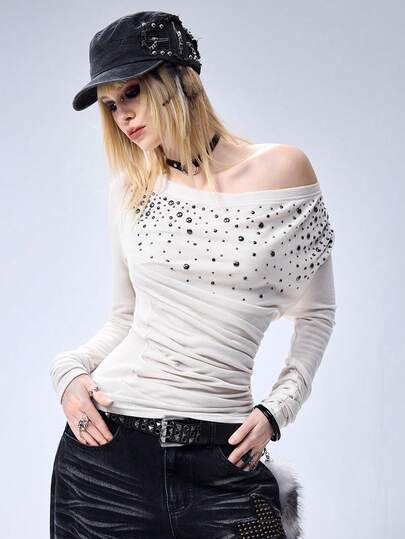 Grunge Punk Women's Kpop Grunge Metal Rivet Asymmetric Ruched Fitted Fashion T-Shirt