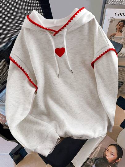 Almamuse Plus Size Contrast Trim Heart Pattern Hooded Loose Casual Sweatshirt