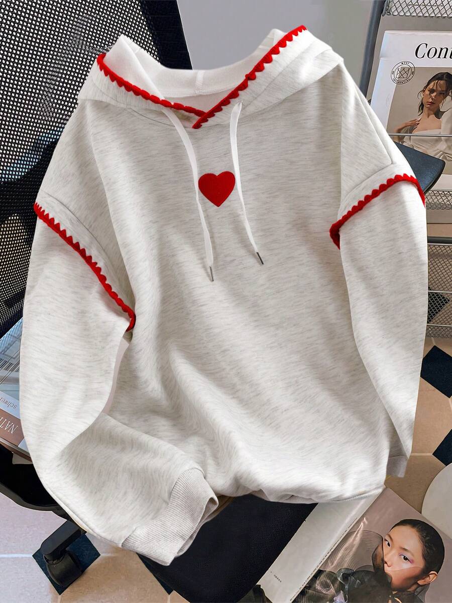 Almamuse Plus Size Contrast Trim Heart Pattern Hooded Loose Casual Sweatshirt - Grey - View 1