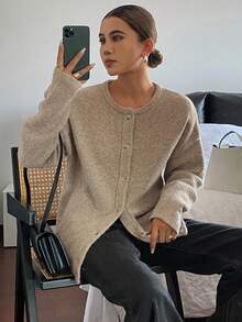 Livesso 女士宽松商务休闲纯色简约针织开衫，秋冬 - 卡其色 - 查看 6